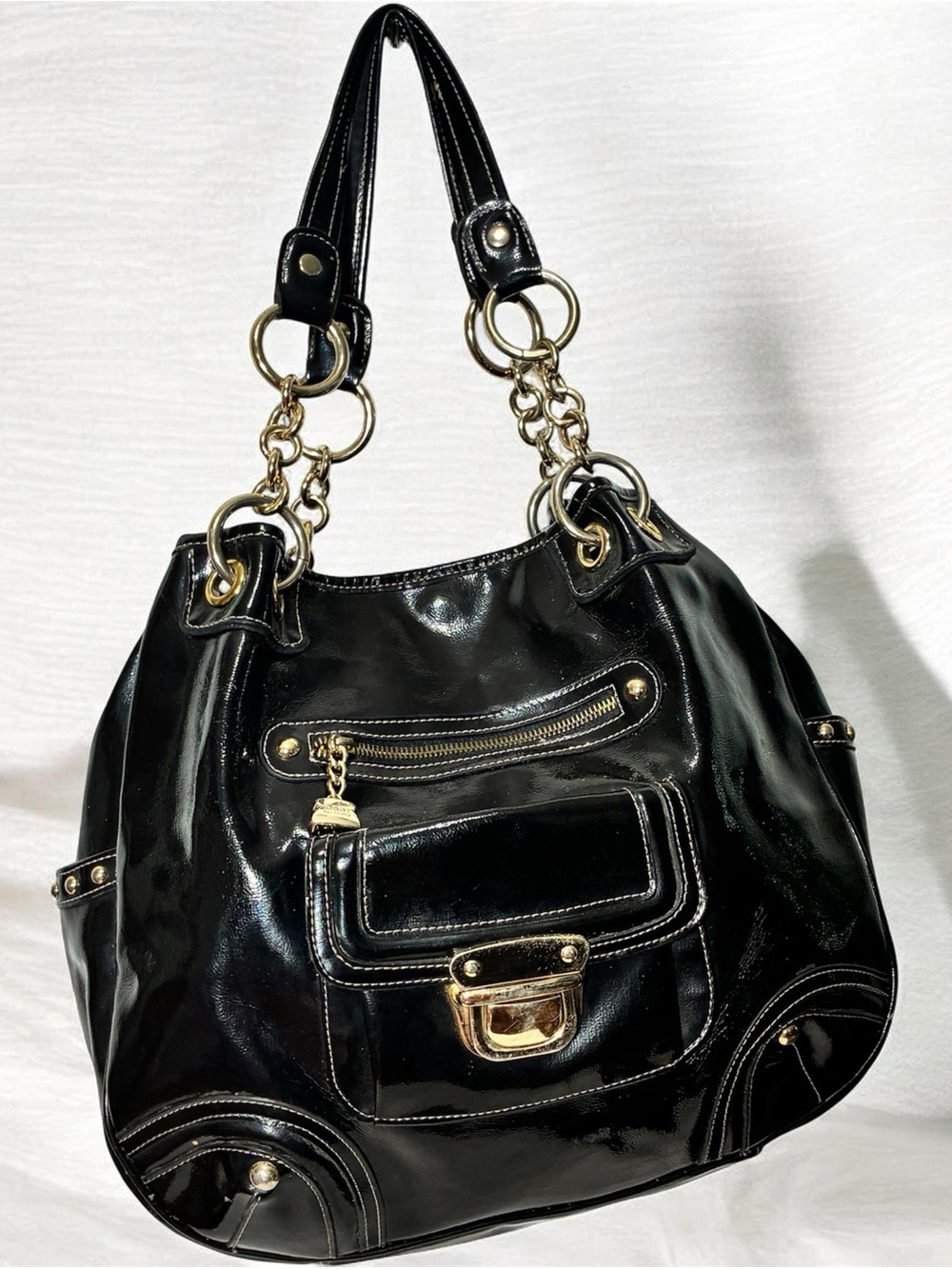 Kathy Van Zeeland Black Patent Shoulder Bag with Gold Hardware
